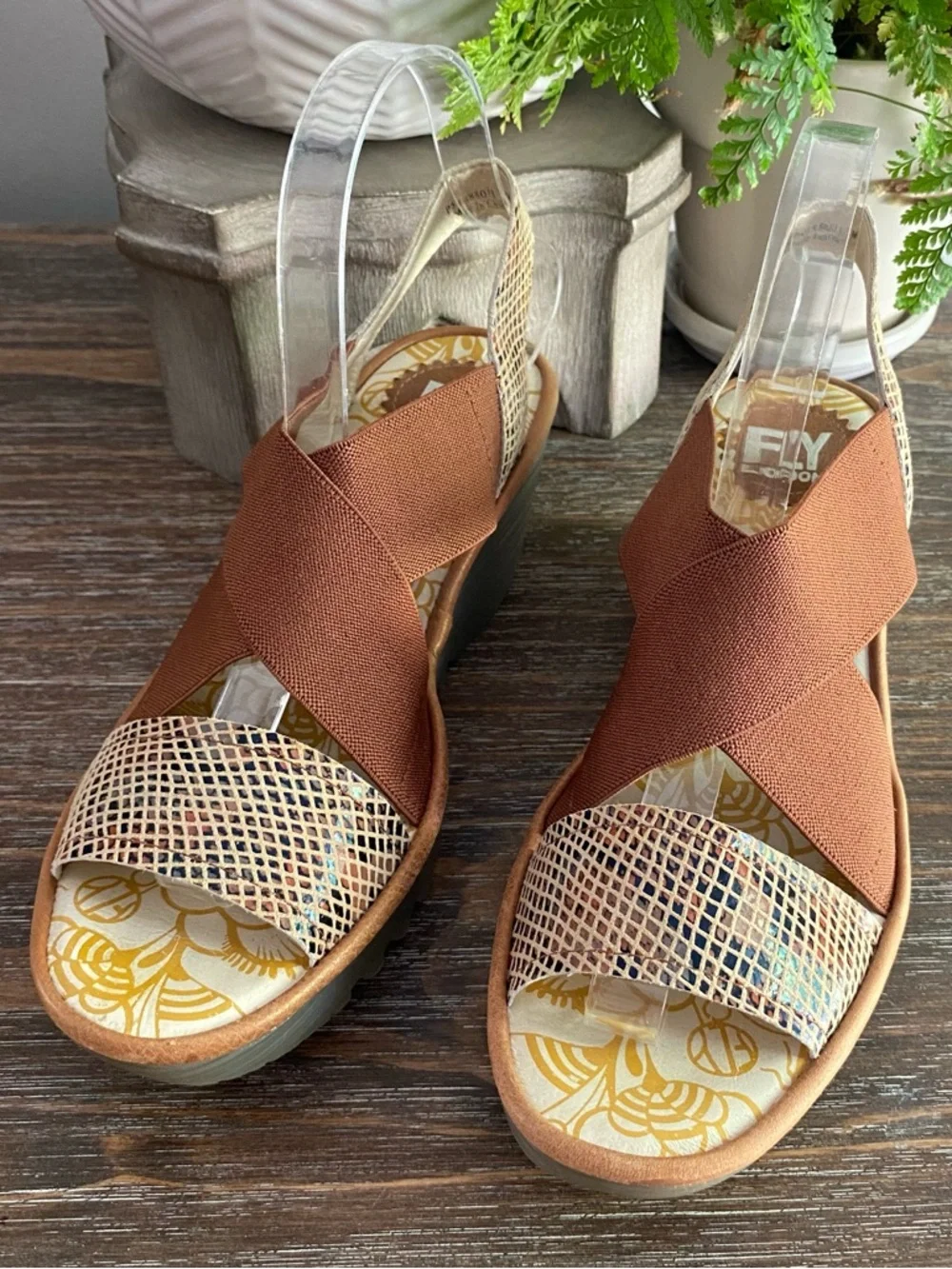 Fly London Yaji Leather‎ Wedge Heeled Platform Sandals Womens 38 7.5-8 Tan Snake